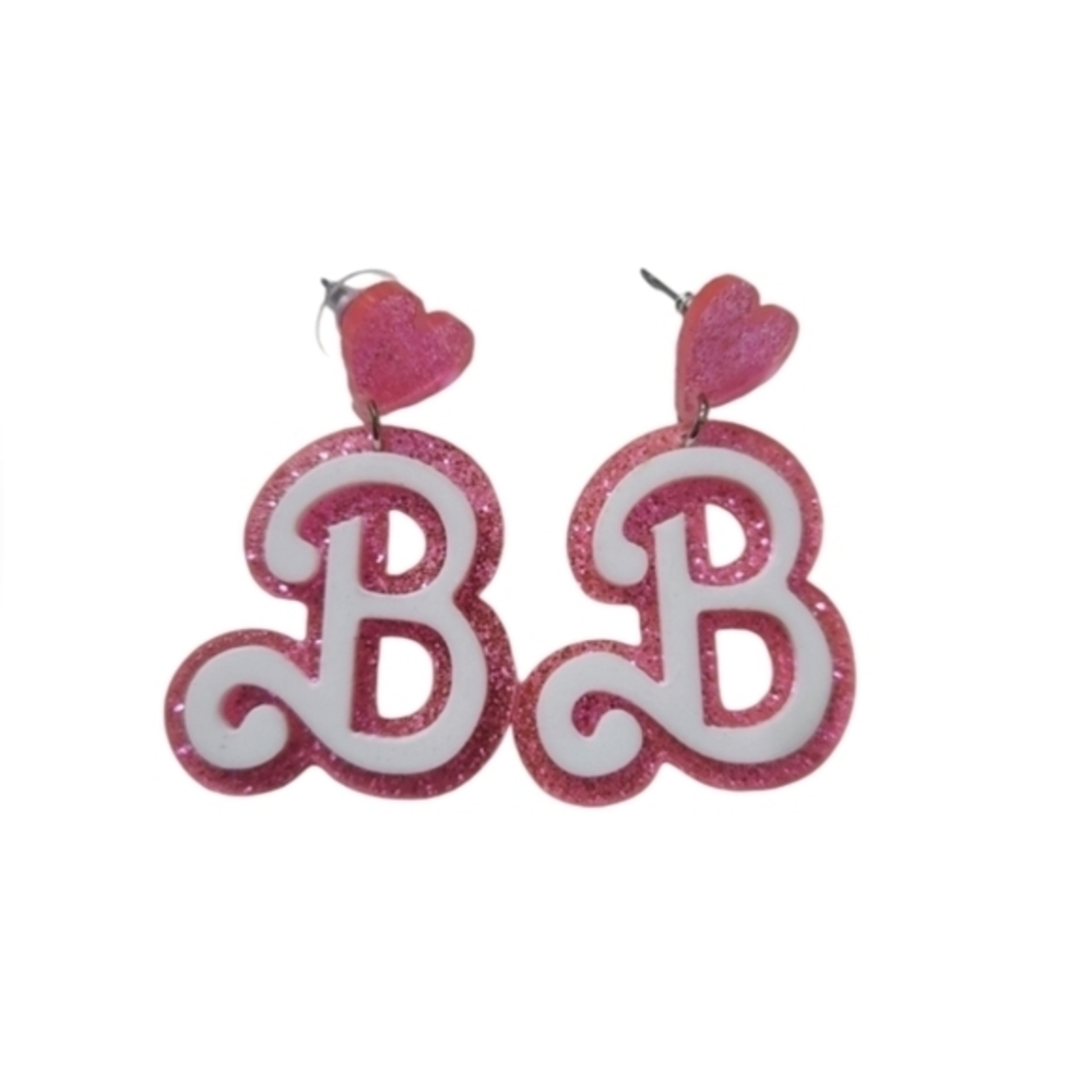 Creative Letter B Dangle Earrings Acrylic Pink with Glitter‎ Barbie
